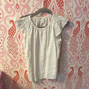 Charter club white eyelet linen short sleeve blouse size L